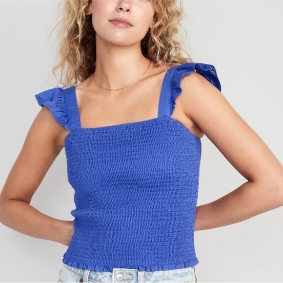 Old Navy Tops - Old Navy Fitted Ruffle-Trim Smocked Cropped Top Batik Blue Size Medium